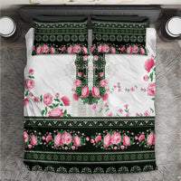 Green Romanian National Costume Bedding Set Peony Flowers Traditional Folk Pattern - Wonder Print Shop