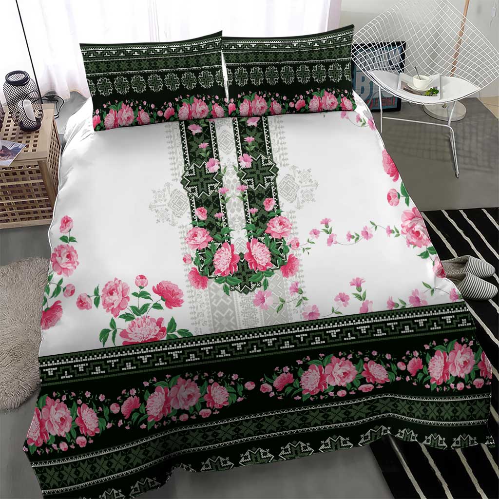 Green Romanian National Costume Bedding Set Peony Flowers Traditional Folk Pattern - Wonder Print Shop