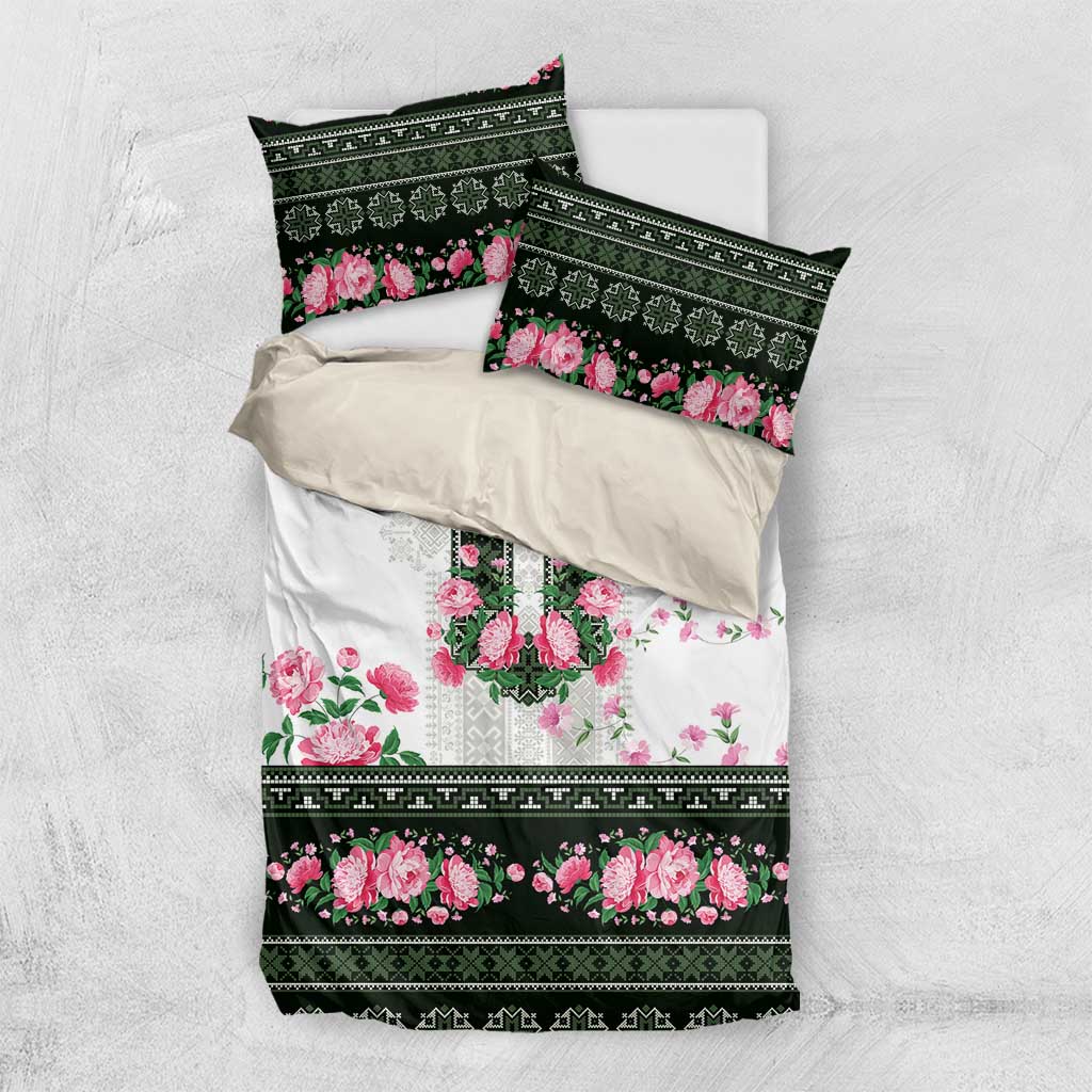 Green Romanian National Costume Bedding Set Peony Flowers Traditional Folk Pattern - Wonder Print Shop