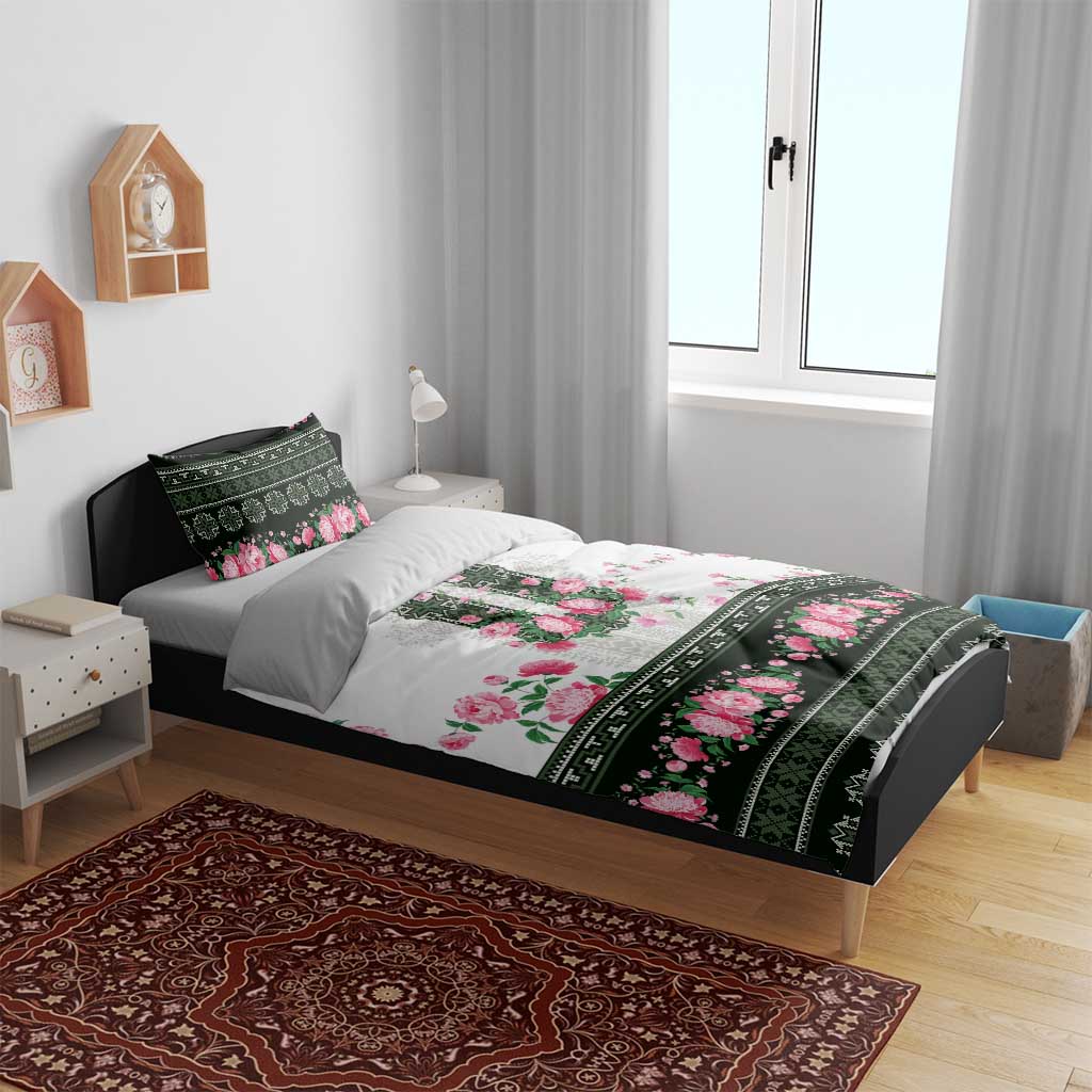 Green Romanian National Costume Bedding Set Peony Flowers Traditional Folk Pattern - Wonder Print Shop
