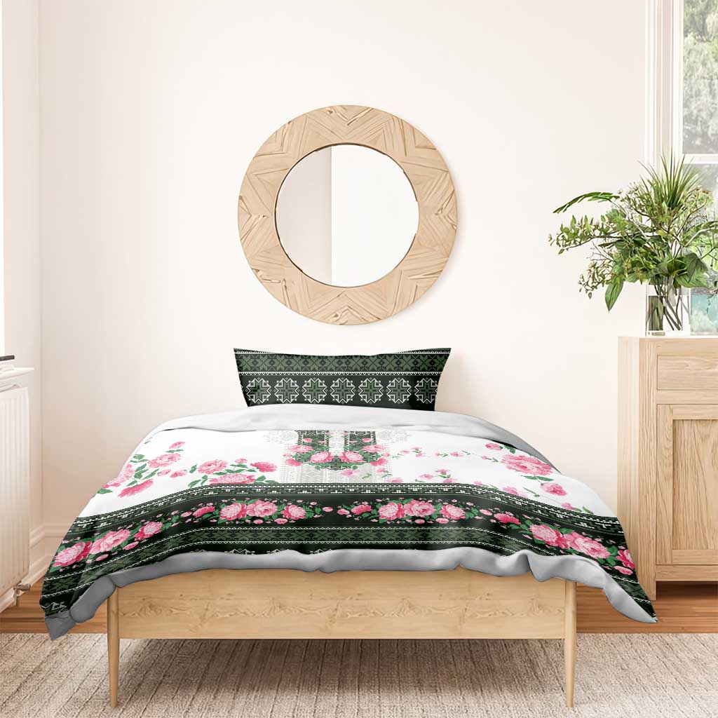 Green Romanian National Costume Bedding Set Peony Flowers Traditional Folk Pattern - Wonder Print Shop