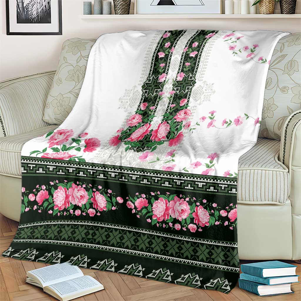 Green Romanian National Costume Blanket Peony Flowers Traditional Folk Pattern - Wonder Print Shop