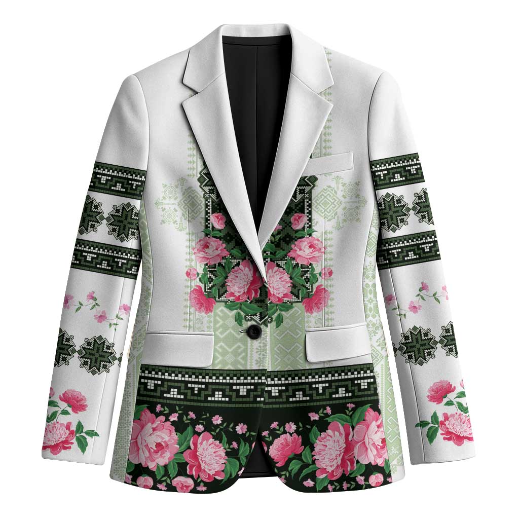 Green Romanian National Costume Blazer Peony Flowers Traditional Folk Pattern - Wonder Print Shop