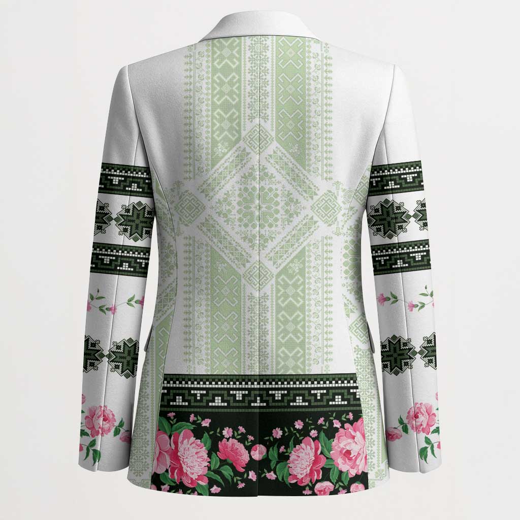 Green Romanian National Costume Blazer Peony Flowers Traditional Folk Pattern - Wonder Print Shop
