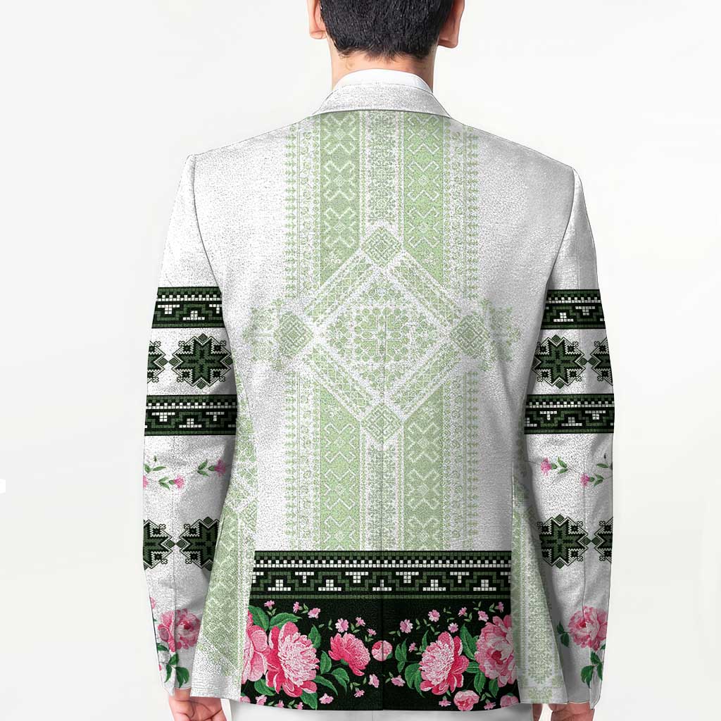 Green Romanian National Costume Blazer Peony Flowers Traditional Folk Pattern - Wonder Print Shop