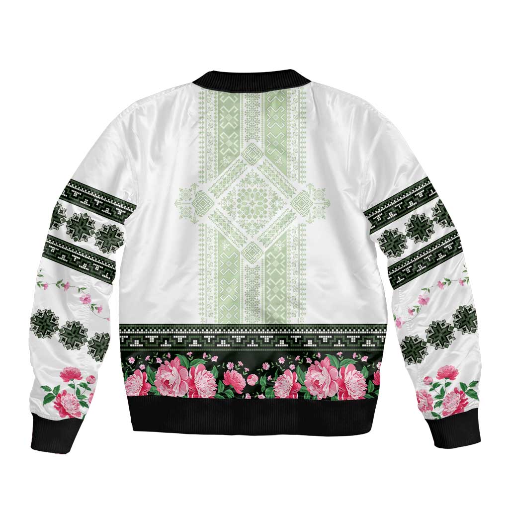 Green Romanian National Costume Bomber Jacket Peony Flowers Traditional Folk Pattern - Wonder Print Shop