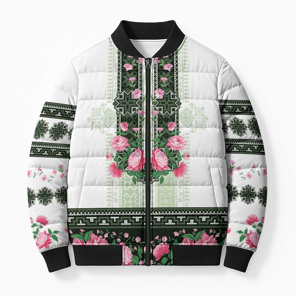 Green Romanian National Costume Bomber Puffer Jacket Peony Flowers Traditional Folk Pattern - Wonder Print Shop