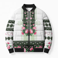 Green Romanian National Costume Bomber Puffer Jacket Peony Flowers Traditional Folk Pattern - Wonder Print Shop
