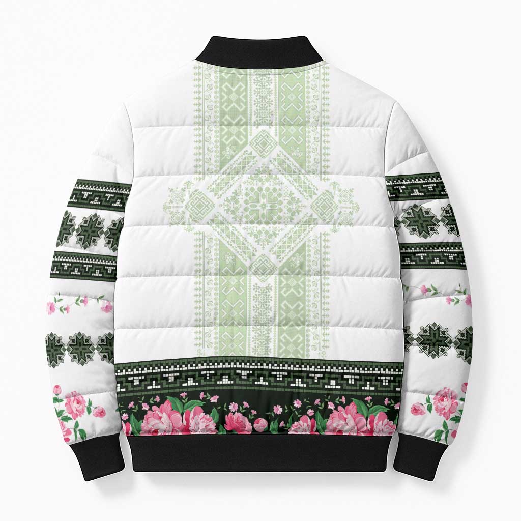 Green Romanian National Costume Bomber Puffer Jacket Peony Flowers Traditional Folk Pattern - Wonder Print Shop