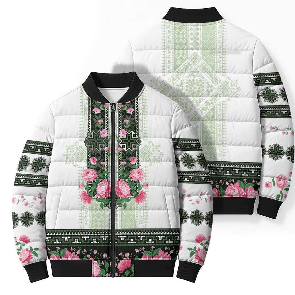 Green Romanian National Costume Bomber Puffer Jacket Peony Flowers Traditional Folk Pattern - Wonder Print Shop