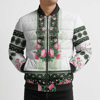 Green Romanian National Costume Bomber Puffer Jacket Peony Flowers Traditional Folk Pattern - Wonder Print Shop