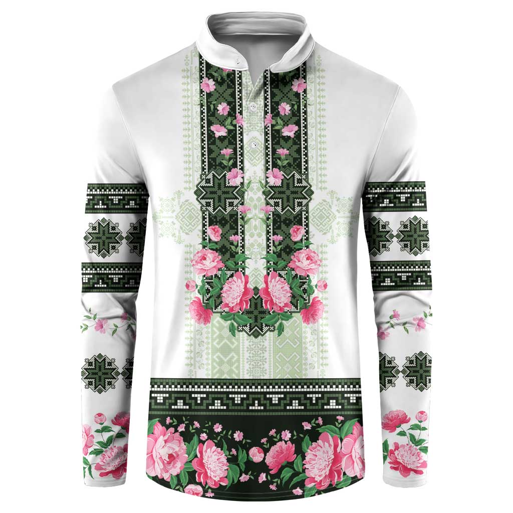 Green Romanian National Costume Button Sweatshirt Peony Flowers Traditional Folk Pattern - Wonder Print Shop