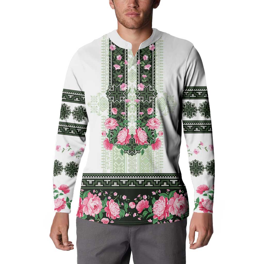 Green Romanian National Costume Button Sweatshirt Peony Flowers Traditional Folk Pattern - Wonder Print Shop