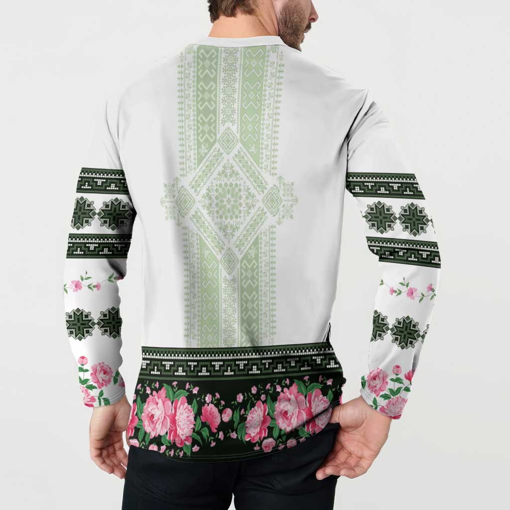 Green Romanian National Costume Button Sweatshirt Peony Flowers Traditional Folk Pattern - Wonder Print Shop