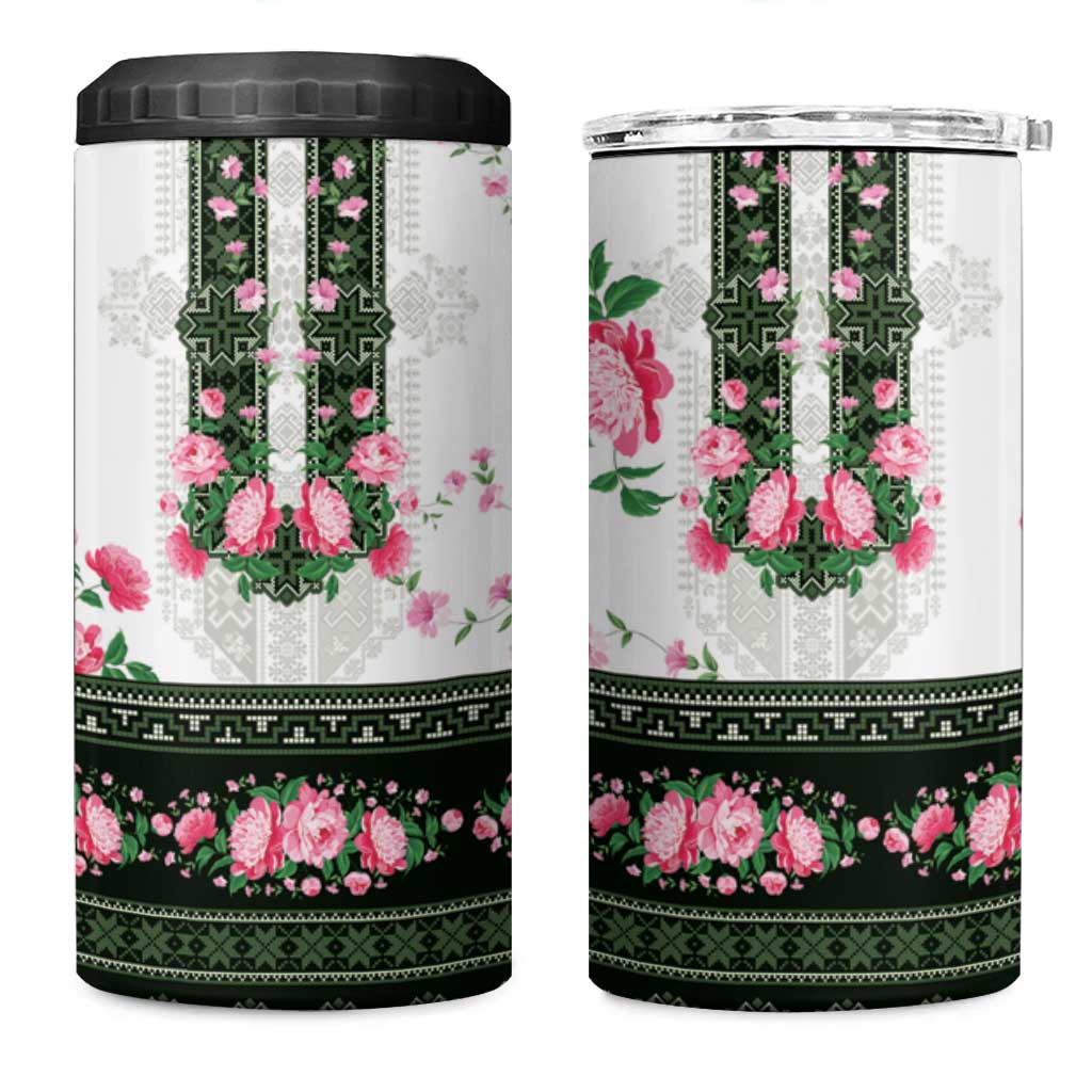 Green Romanian National Costume 4 in 1 Can Cooler Tumbler Peony Flowers Traditional Folk Pattern - Wonder Print Shop