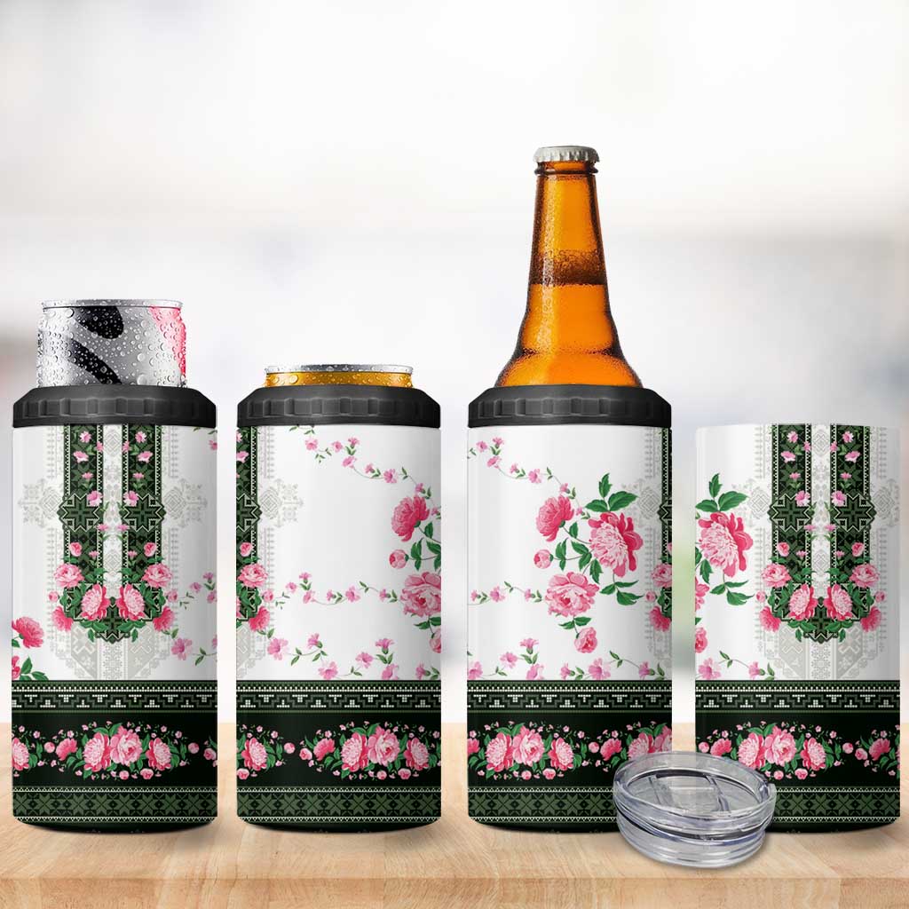 Green Romanian National Costume 4 in 1 Can Cooler Tumbler Peony Flowers Traditional Folk Pattern - Wonder Print Shop