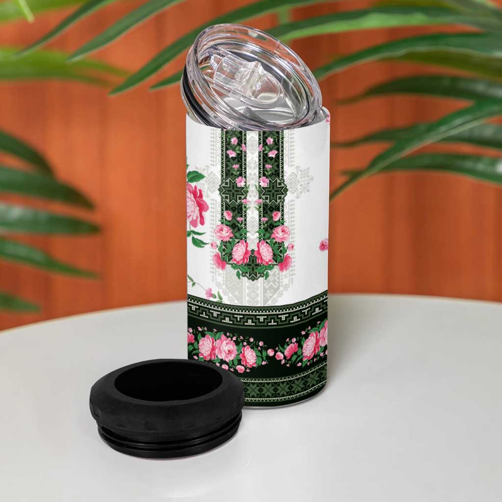 Green Romanian National Costume 4 in 1 Can Cooler Tumbler Peony Flowers Traditional Folk Pattern - Wonder Print Shop