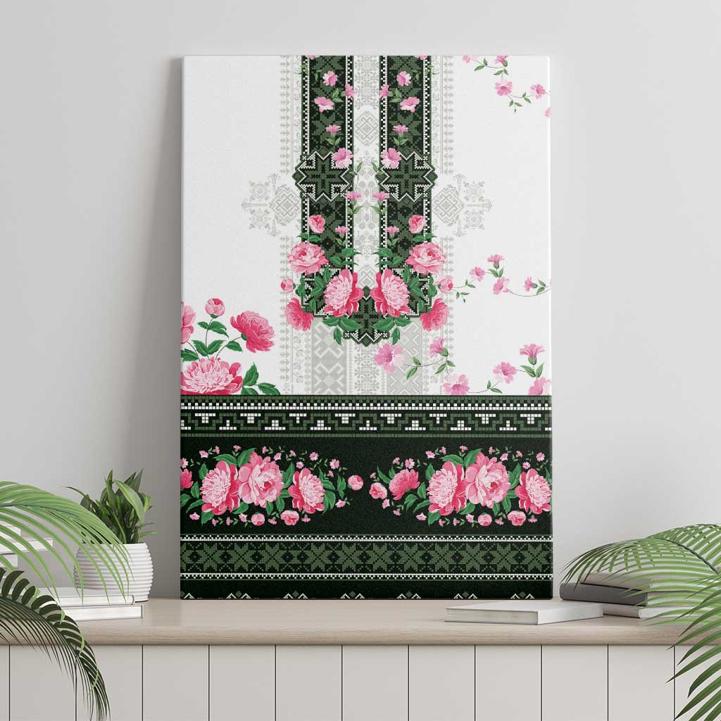 Green Romanian National Costume Canvas Wall Art Peony Flowers Traditional Folk Pattern - Wonder Print Shop