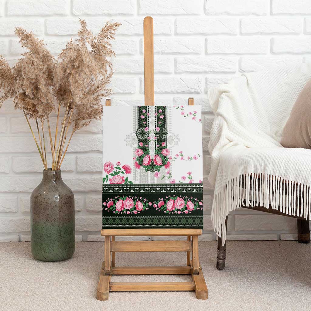 Green Romanian National Costume Canvas Wall Art Peony Flowers Traditional Folk Pattern - Wonder Print Shop