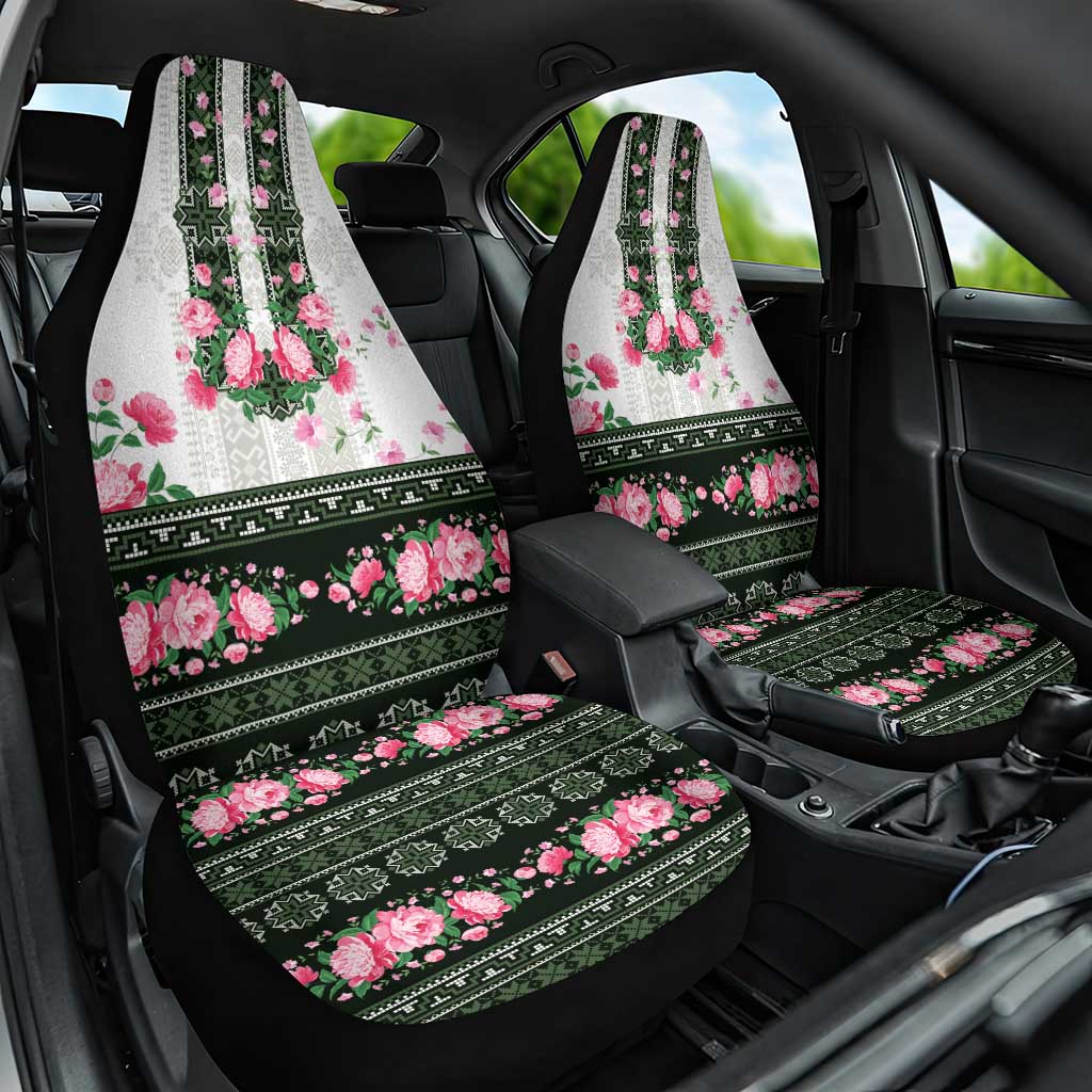 Green Romanian National Costume Car Seat Cover Peony Flowers Traditional Folk Pattern - Wonder Print Shop
