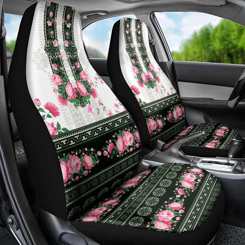 Green Romanian National Costume Car Seat Cover Peony Flowers Traditional Folk Pattern - Wonder Print Shop