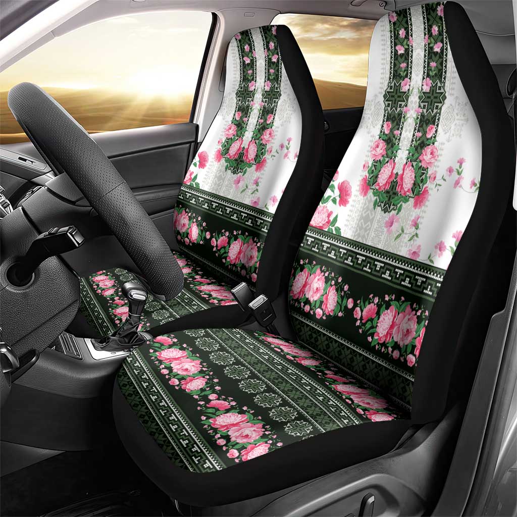 Green Romanian National Costume Car Seat Cover Peony Flowers Traditional Folk Pattern - Wonder Print Shop