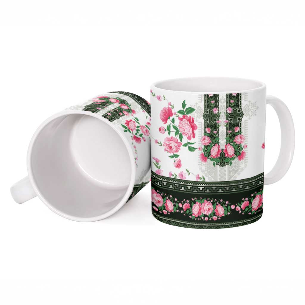 Green Romanian National Costume Ceramic Mug Peony Flowers Traditional Folk Pattern - Wonder Print Shop