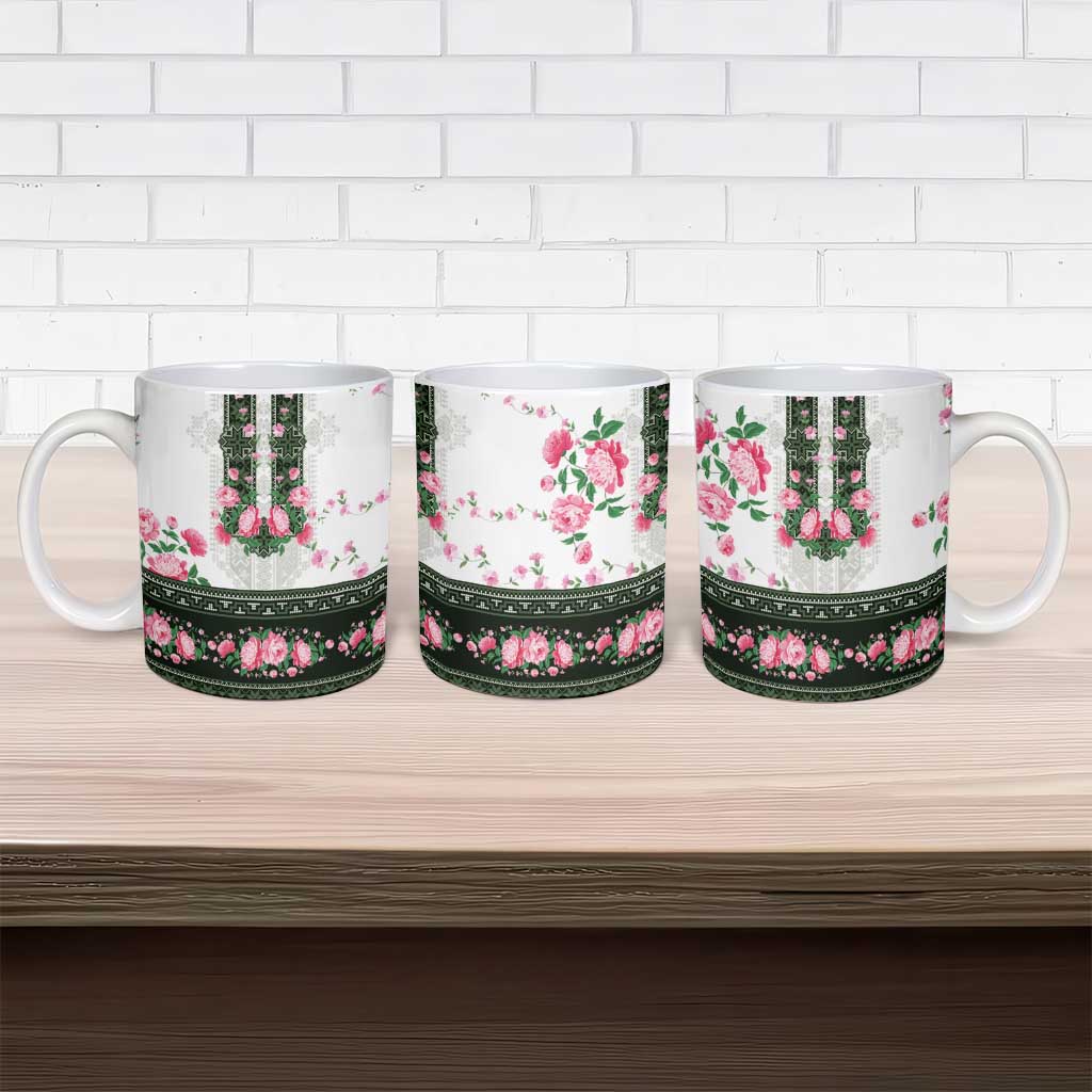Green Romanian National Costume Ceramic Mug Peony Flowers Traditional Folk Pattern - Wonder Print Shop