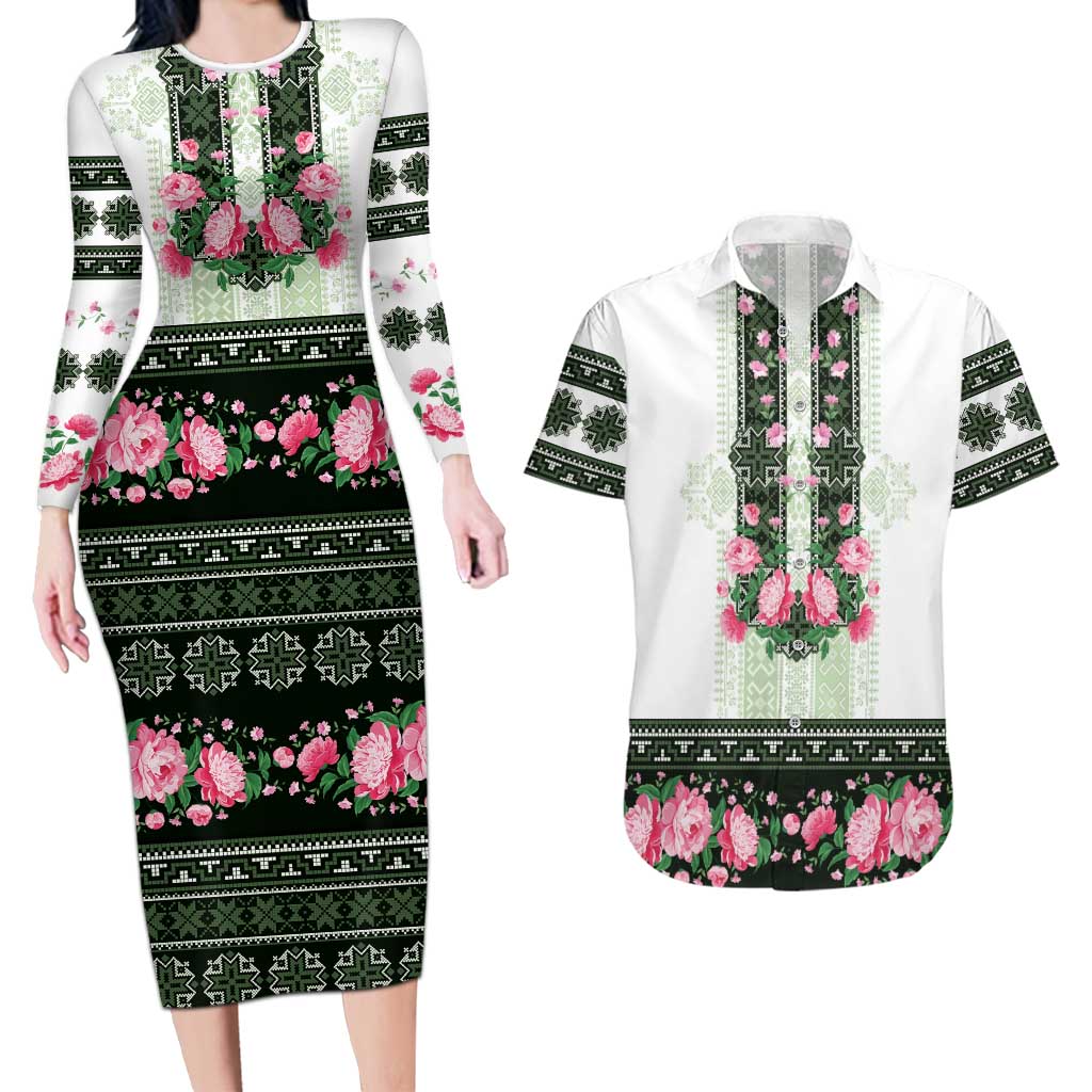 Green Romanian National Costume Couples Matching Long Sleeve Bodycon Dress and Hawaiian Shirt Peony Flowers Traditional Folk Pattern - Wonder Print Shop