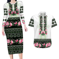 Green Romanian National Costume Couples Matching Long Sleeve Bodycon Dress and Hawaiian Shirt Peony Flowers Traditional Folk Pattern - Wonder Print Shop