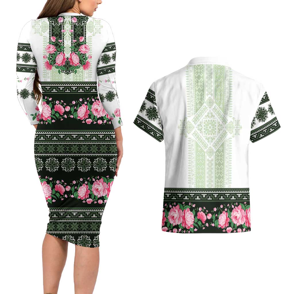 Green Romanian National Costume Couples Matching Long Sleeve Bodycon Dress and Hawaiian Shirt Peony Flowers Traditional Folk Pattern - Wonder Print Shop