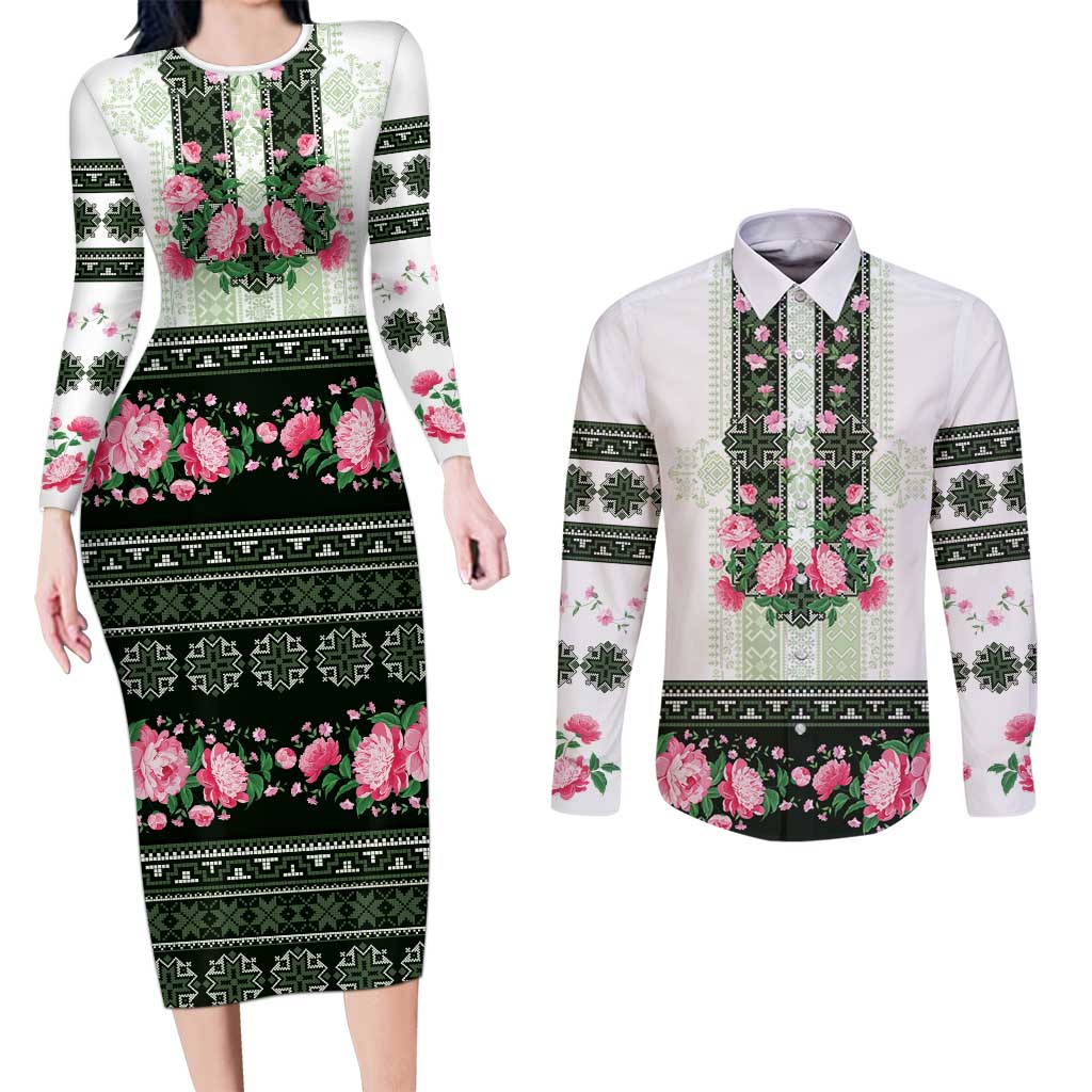 Green Romanian National Costume Couples Matching Long Sleeve Bodycon Dress and Long Sleeve Button Shirt Peony Flowers Traditional Folk Pattern - Wonder Print Shop