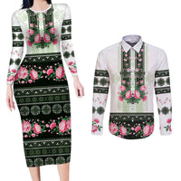 Green Romanian National Costume Couples Matching Long Sleeve Bodycon Dress and Long Sleeve Button Shirt Peony Flowers Traditional Folk Pattern - Wonder Print Shop