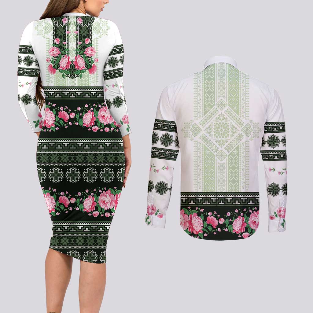 Green Romanian National Costume Couples Matching Long Sleeve Bodycon Dress and Long Sleeve Button Shirt Peony Flowers Traditional Folk Pattern - Wonder Print Shop