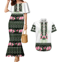 Green Romanian National Costume Couples Matching Mermaid Dress and Hawaiian Shirt Peony Flowers Traditional Folk Pattern - Wonder Print Shop