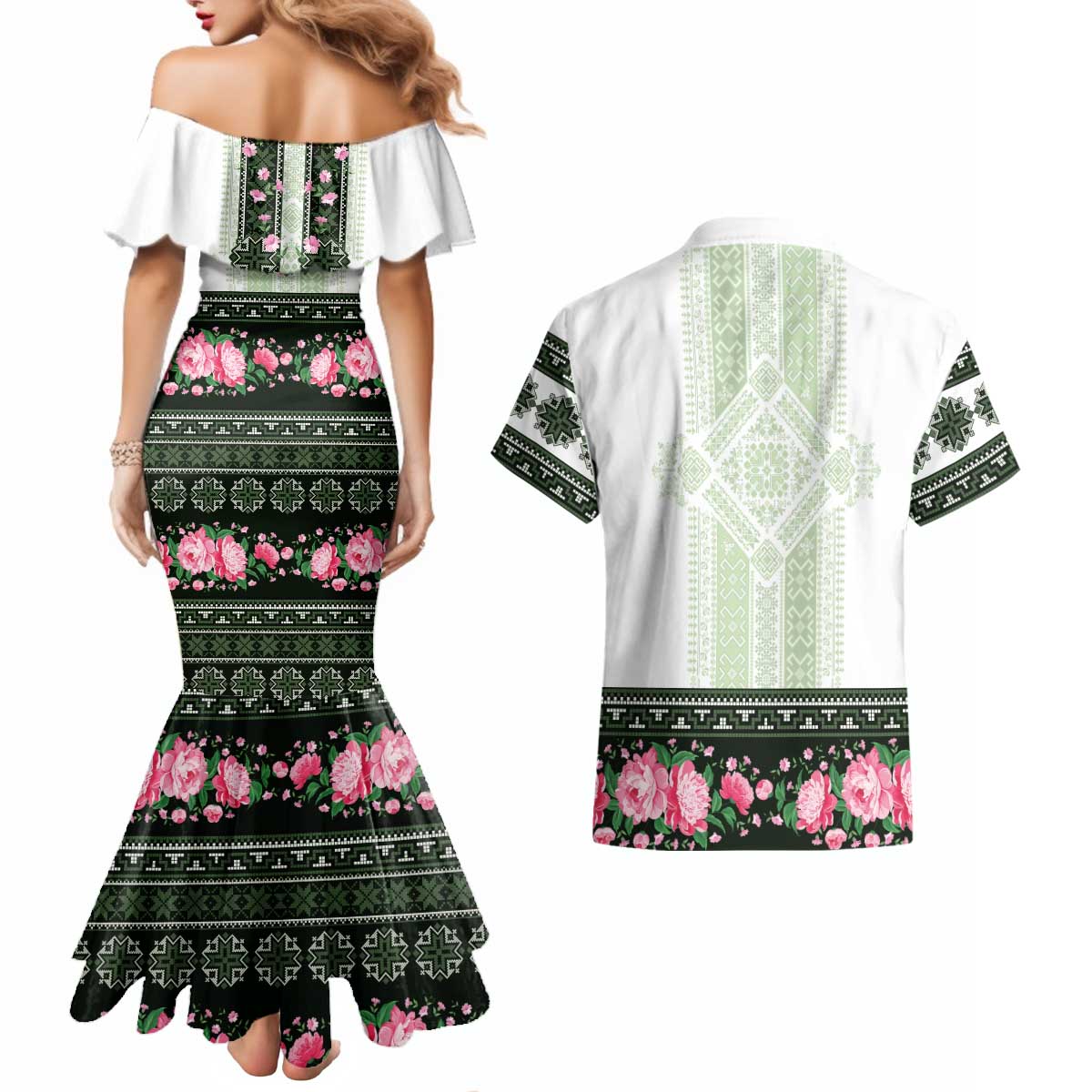 Green Romanian National Costume Couples Matching Mermaid Dress and Hawaiian Shirt Peony Flowers Traditional Folk Pattern - Wonder Print Shop