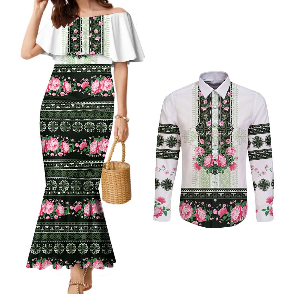 Green Romanian National Costume Couples Matching Mermaid Dress and Long Sleeve Button Shirt Peony Flowers Traditional Folk Pattern - Wonder Print Shop
