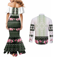 Green Romanian National Costume Couples Matching Mermaid Dress and Long Sleeve Button Shirt Peony Flowers Traditional Folk Pattern - Wonder Print Shop