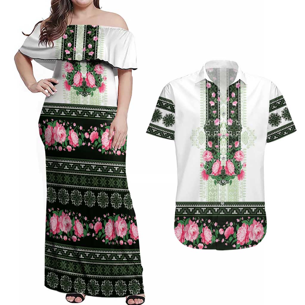 Green Romanian National Costume Couples Matching Off Shoulder Maxi Dress and Hawaiian Shirt Peony Flowers Traditional Folk Pattern - Wonder Print Shop