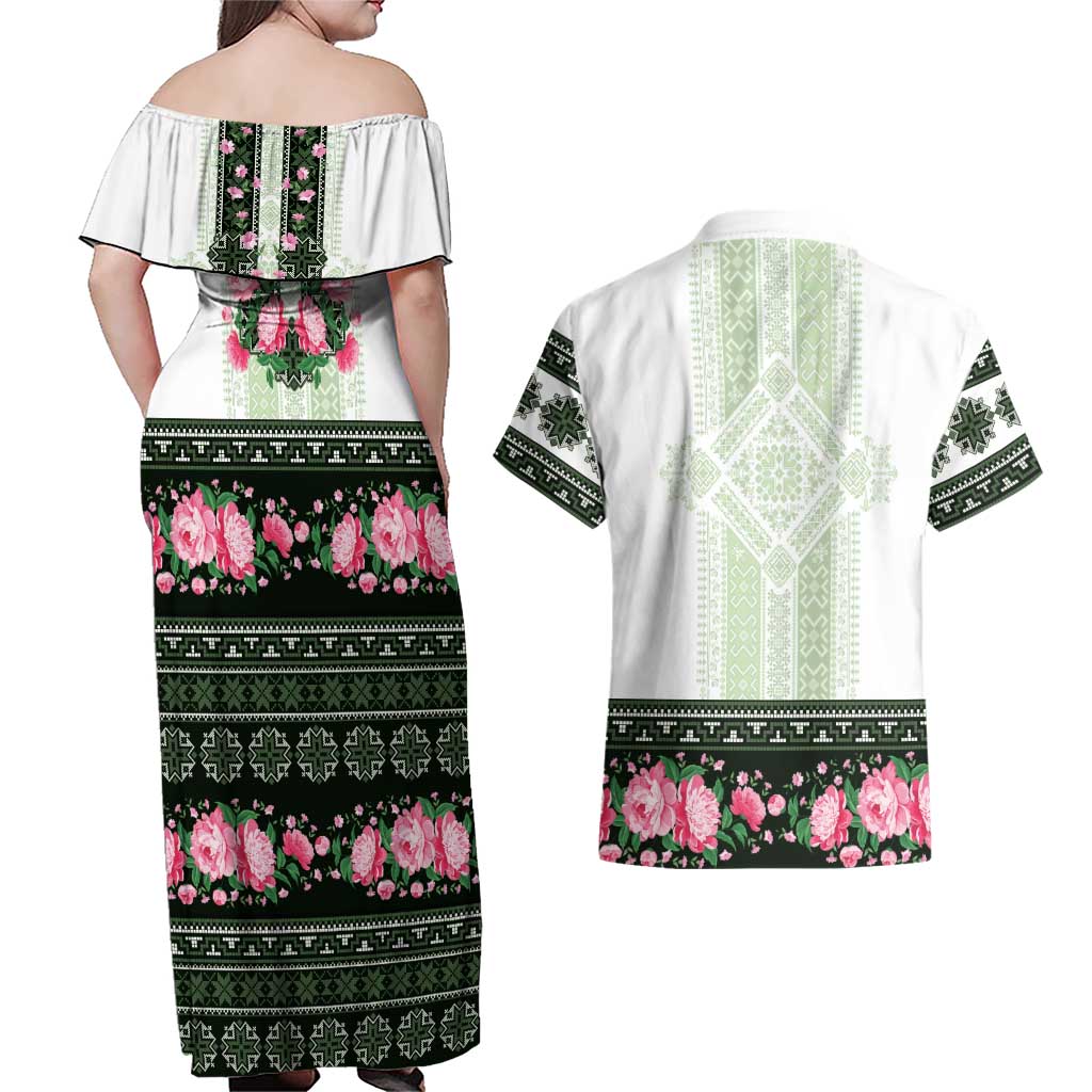 Green Romanian National Costume Couples Matching Off Shoulder Maxi Dress and Hawaiian Shirt Peony Flowers Traditional Folk Pattern - Wonder Print Shop