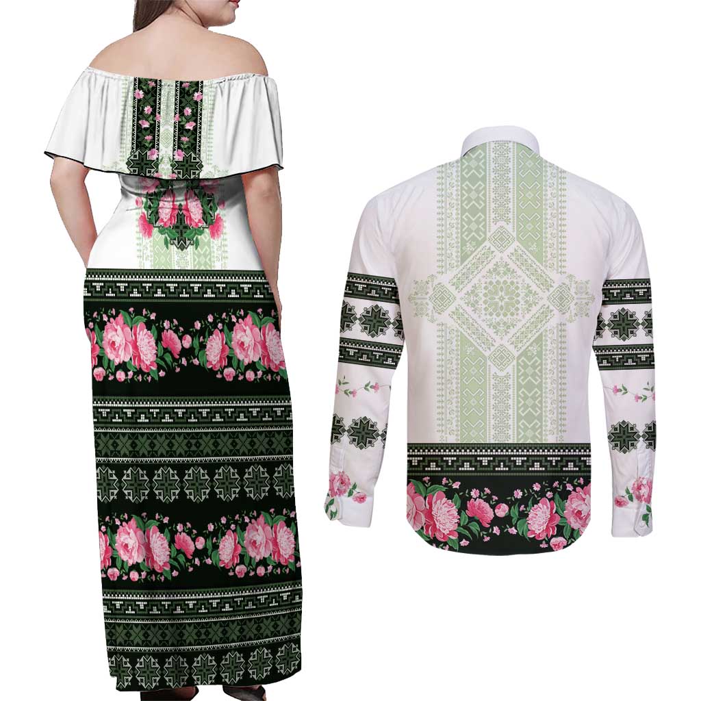 Green Romanian National Costume Couples Matching Off Shoulder Maxi Dress and Long Sleeve Button Shirt Peony Flowers Traditional Folk Pattern - Wonder Print Shop