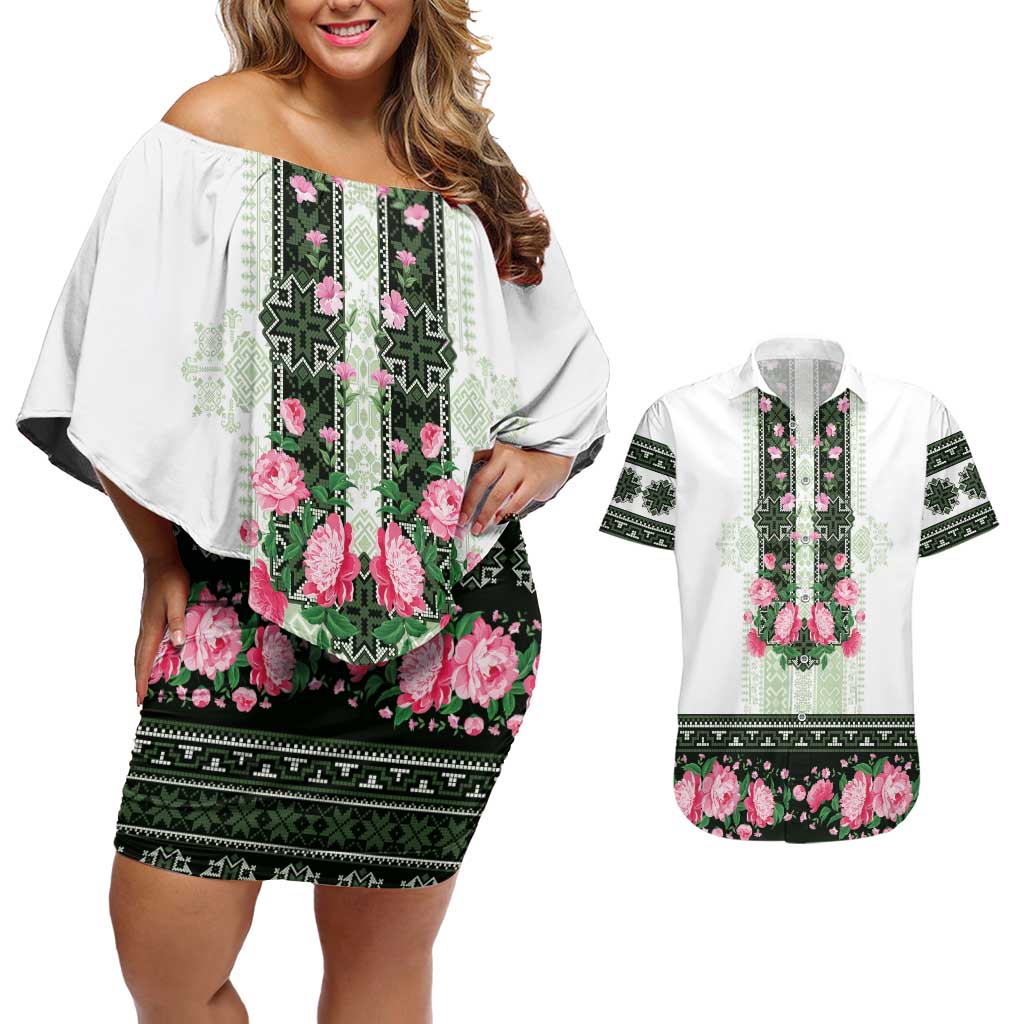 Green Romanian National Costume Couples Matching Off Shoulder Short Dress and Hawaiian Shirt Peony Flowers Traditional Folk Pattern - Wonder Print Shop