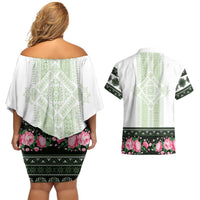 Green Romanian National Costume Couples Matching Off Shoulder Short Dress and Hawaiian Shirt Peony Flowers Traditional Folk Pattern - Wonder Print Shop