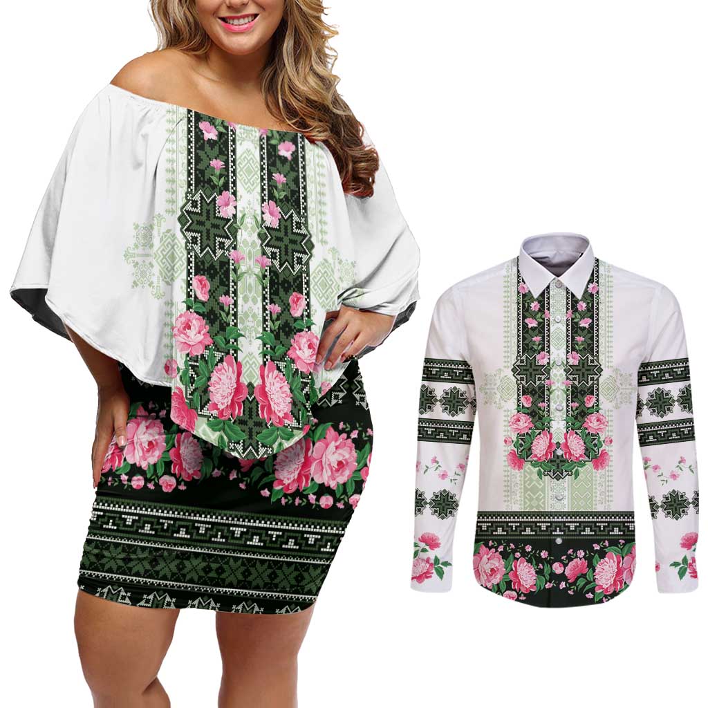 Green Romanian National Costume Couples Matching Off Shoulder Short Dress and Long Sleeve Button Shirt Peony Flowers Traditional Folk Pattern - Wonder Print Shop