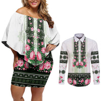 Green Romanian National Costume Couples Matching Off Shoulder Short Dress and Long Sleeve Button Shirt Peony Flowers Traditional Folk Pattern - Wonder Print Shop