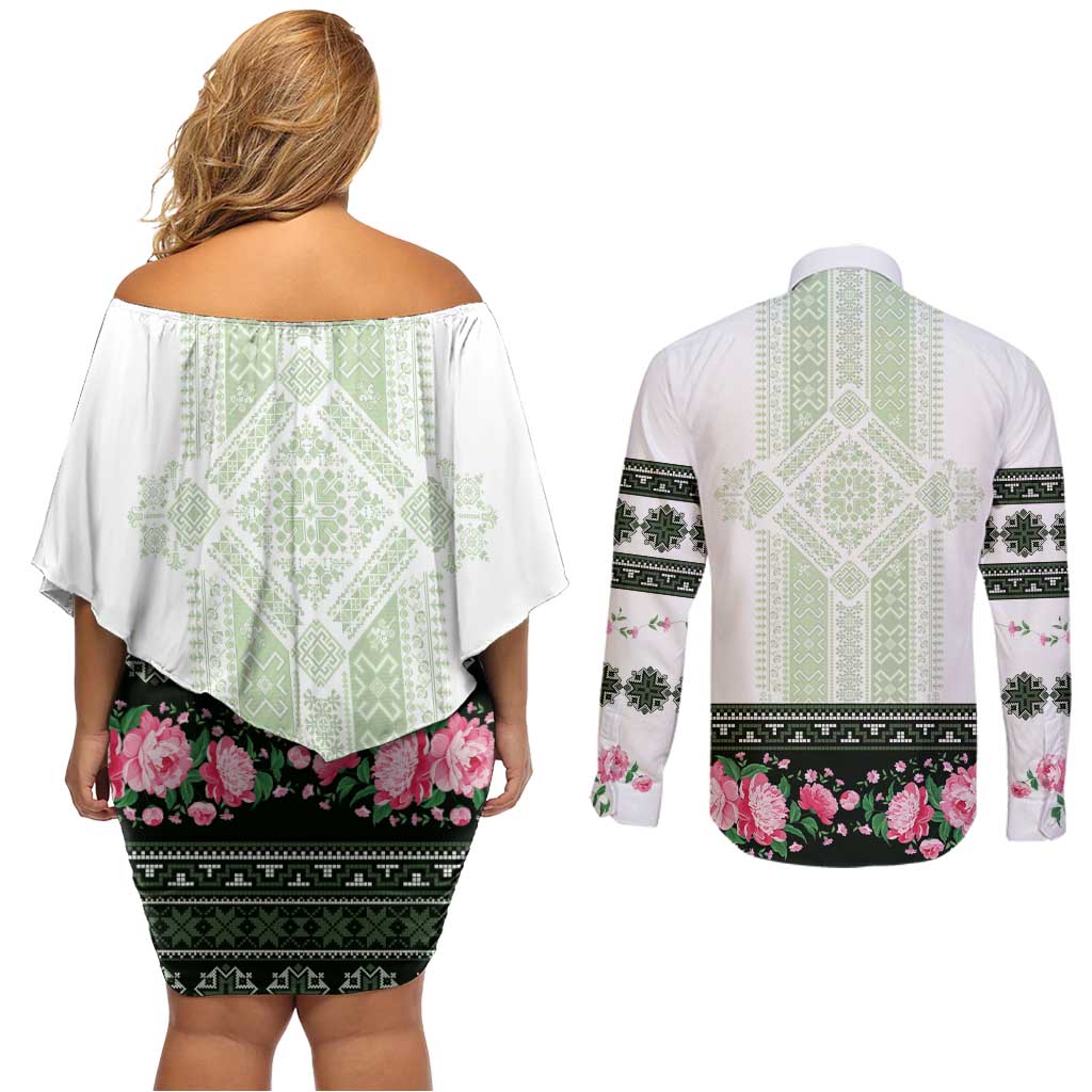 Green Romanian National Costume Couples Matching Off Shoulder Short Dress and Long Sleeve Button Shirt Peony Flowers Traditional Folk Pattern - Wonder Print Shop