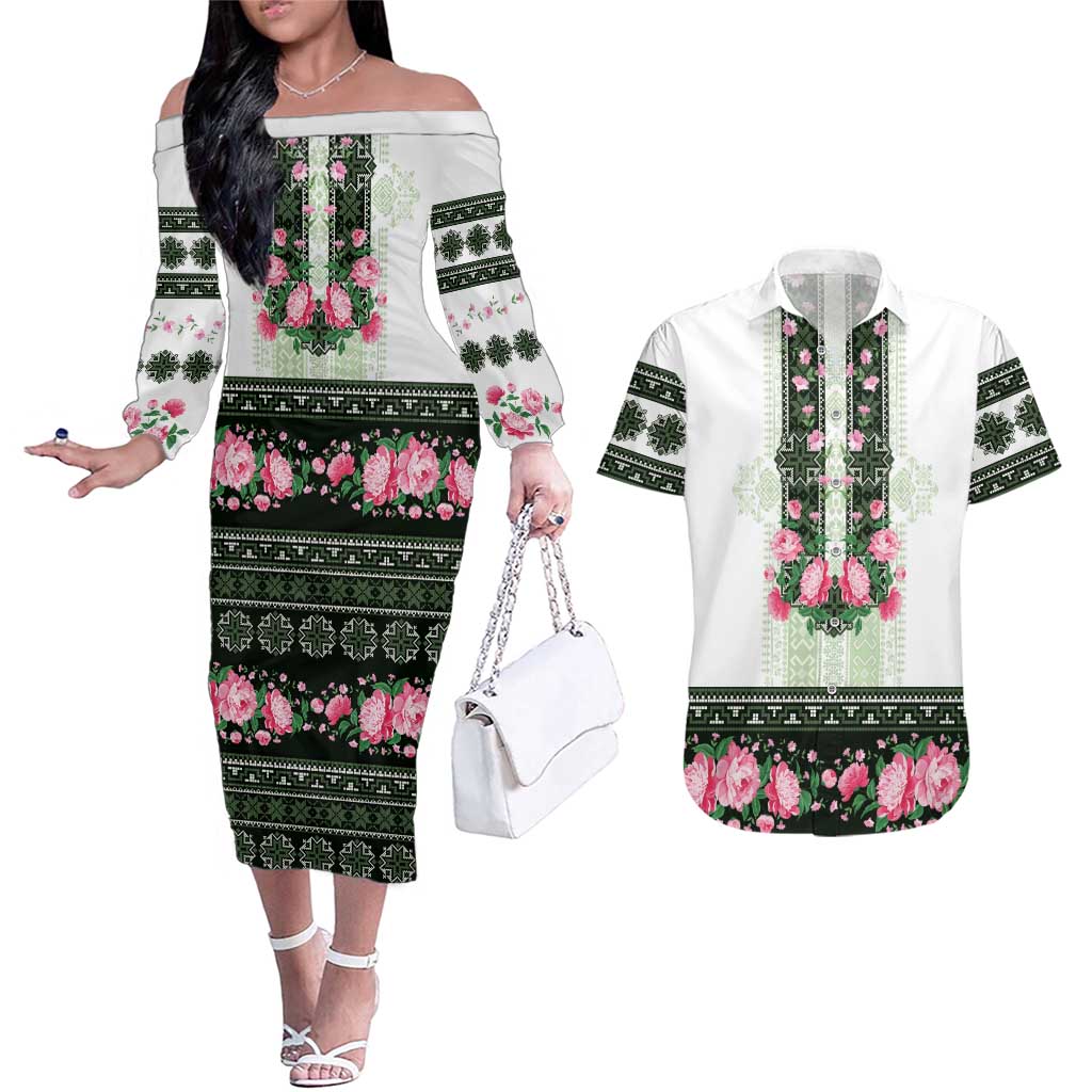 Green Romanian National Costume Couples Matching Off The Shoulder Long Sleeve Dress and Hawaiian Shirt Peony Flowers Traditional Folk Pattern - Wonder Print Shop