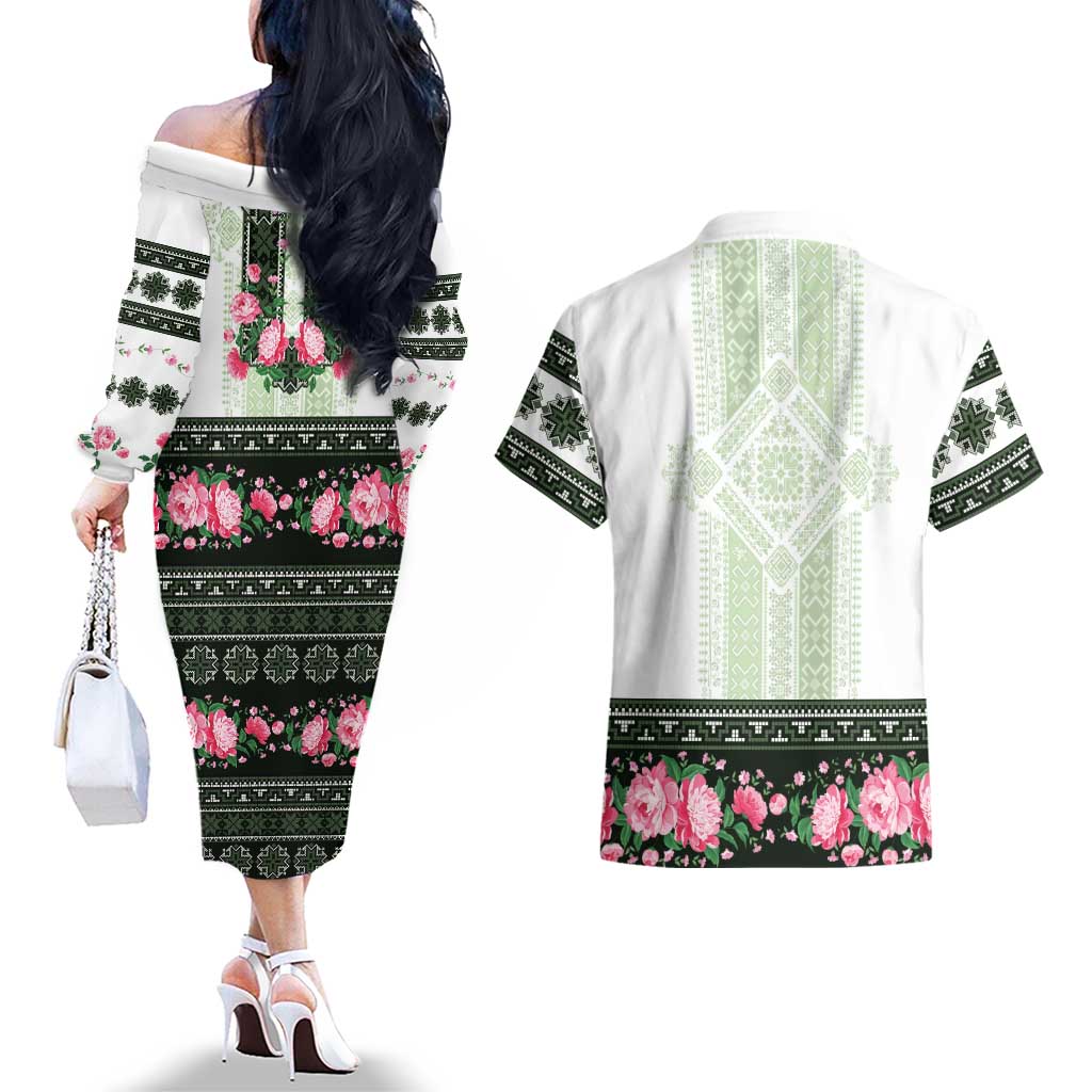 Green Romanian National Costume Couples Matching Off The Shoulder Long Sleeve Dress and Hawaiian Shirt Peony Flowers Traditional Folk Pattern - Wonder Print Shop