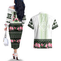 Green Romanian National Costume Couples Matching Off The Shoulder Long Sleeve Dress and Hawaiian Shirt Peony Flowers Traditional Folk Pattern - Wonder Print Shop