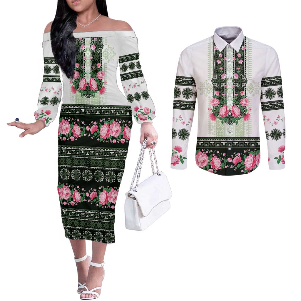 Green Romanian National Costume Couples Matching Off The Shoulder Long Sleeve Dress and Long Sleeve Button Shirt Peony Flowers Traditional Folk Pattern - Wonder Print Shop